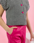 Compleu pentru fete, pantaloni evazati din piele ecologica fuchsia + bluza  -  Doris