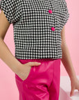 Compleu casual pantaloni evazati din piele ecologica fuchsia + bluza pentru fete - Doris