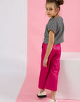 Compleu casual pantaloni evazati din piele ecologica fuchsia + bluza pentru fete - Doris