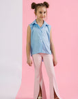 Compleu pentru fete, camasa bleu cu fundite si pantaloni evazati roz din piele ecologica - Alis