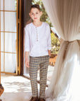 Compleu pantalon in carouri si camasa alba cu nasturi din lemn pentru baieti - Lorand