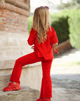 Trening rosu din catifea cu pantalon evazat pentru fete