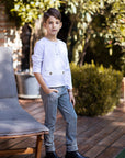 Pantaloni gri eleganti din stofa cu dungi albe pentru baieti - Mateo