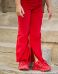 Trening rosu din catifea cu pantalon evazat pentru fete