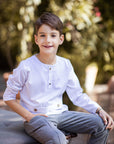 Pantaloni gri eleganti din stofa cu dungi albe pentru baieti - Mateo