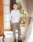 Compleu pantalon in carouri si camasa alba cu nasturi din lemn pentru baieti - Lorand