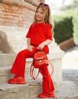 Trening rosu din catifea cu pantalon evazat pentru fete