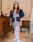 Rochie eleganta pentru fete, stofa si maneci din blanita albastra - 7 ani - LIVRARE 24H