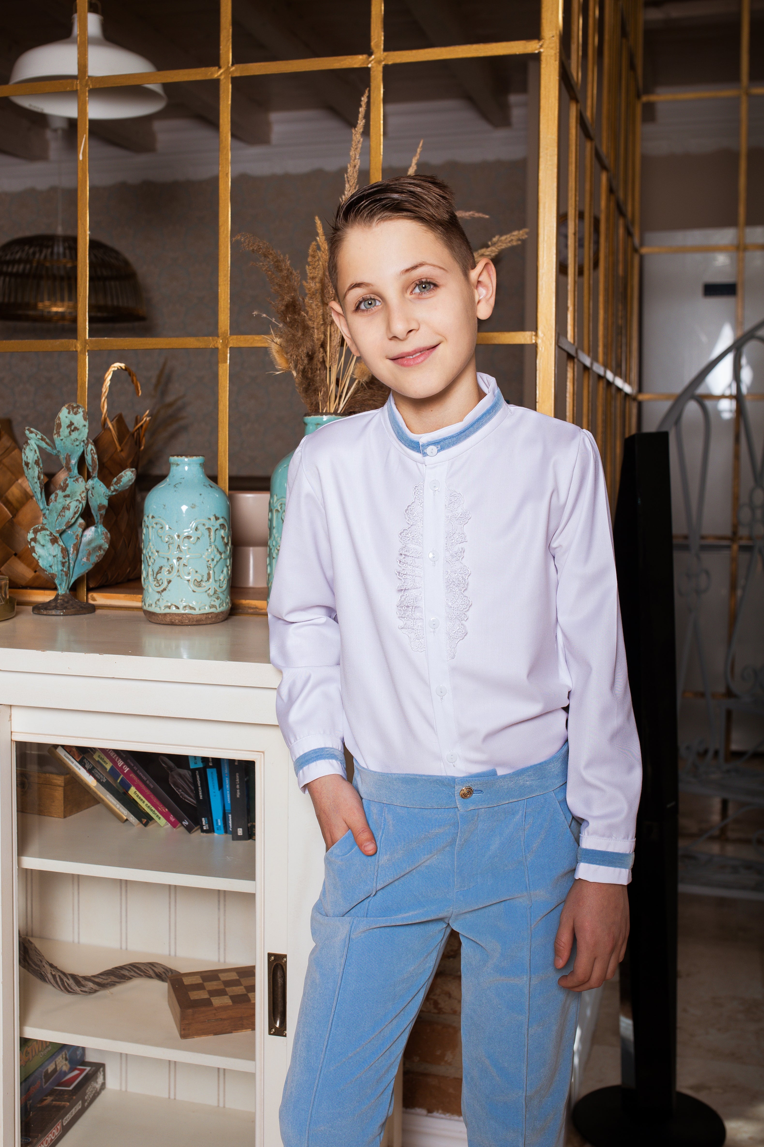 Costum Elegant Baieti, pantalon din catifea bleu + camasa  - Liam