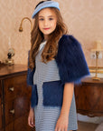 Rochie eleganta pentru fete, stofa si maneci din blanita albastra - 7 ani - LIVRARE 24H