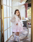 Rochie roz eleganta din stofa tweed si volane tulle alb pentru fete - Amy