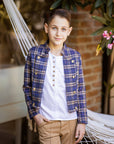 Costum casual sacou in carouri si pantalon bej din stofa pentru baieti - Eric