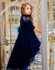Rochie albastra eleganta cu trena din catifea pentru fete - Elisa