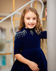 Rochie albastra eleganta cu trena din catifea pentru fete - Elisa