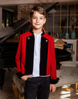 Costum elegant sacou din catifea rosie si pantaloni negrii din stofa pentru baieti - Carter
