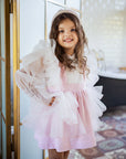 Rochie roz eleganta din stofa tweed si volane tulle alb pentru fete - Amy