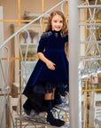 Rochie albastra eleganta cu trena din catifea pentru fete - Elisa