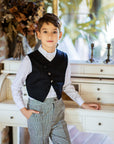 Costum negru elegant vesta din stofa si pantaloni in carouri pentru baieti - Enzo