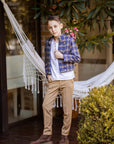 Costum casual sacou in carouri si pantalon bej din stofa pentru baieti - Eric