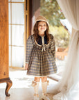 Rochie vintage din stofa in carouri bej pentru fete - Arianna