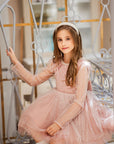 Rochie roz eleganta din tulle cu cristale si fulgi naturali pentru fete - Emely