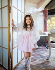 Rochie roz eleganta din stofa tweed si volane tulle alb pentru fete - Amy
