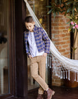 Costum casual sacou in carouri si pantalon bej din stofa pentru baieti - Eric