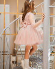 Rochie roz eleganta din tulle cu cristale si fulgi naturali pentru fete - Emely