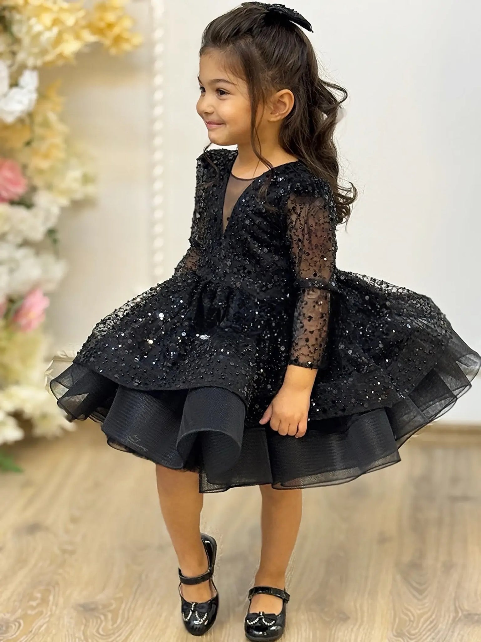 Rochie neagra eleganta pentru fete, din dantela brodata - Julieta