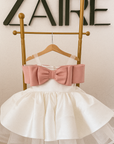 Rochie alba eleganta din tafta si funda roz pentru fete - Norah