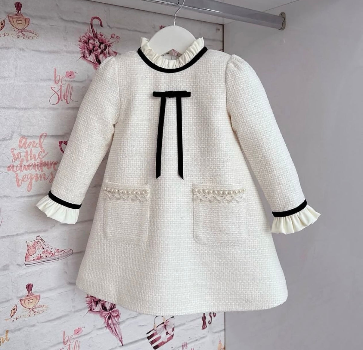 Rochie alba vintage din stofa tweed pentru fete - Sabrina - 0 | YEO