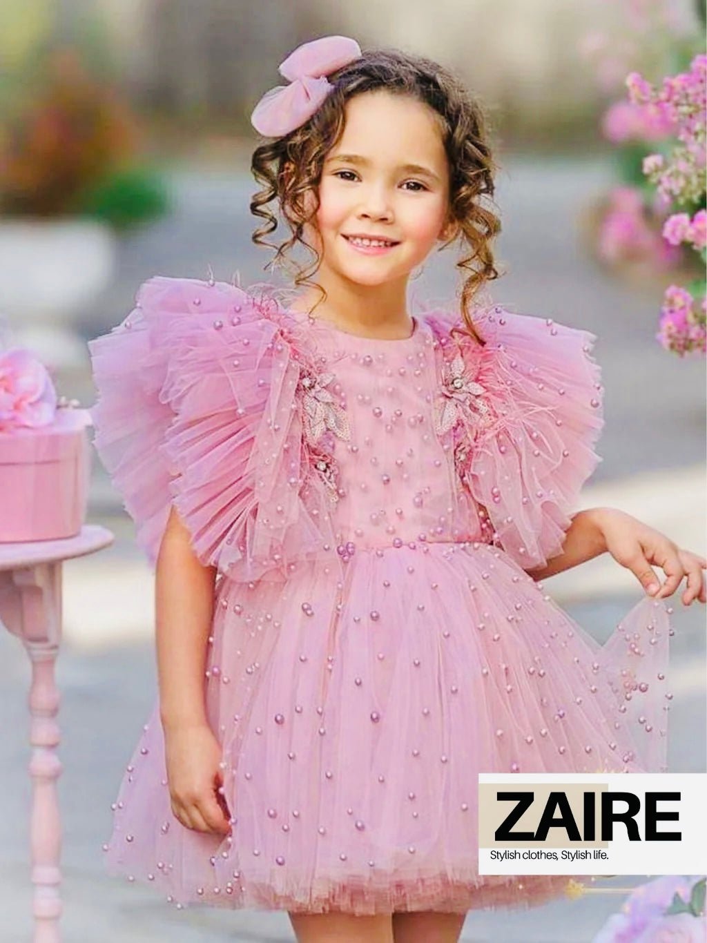 Rochie Fete, Eleganta de Ocazie din tulle cu perle roz - Melani