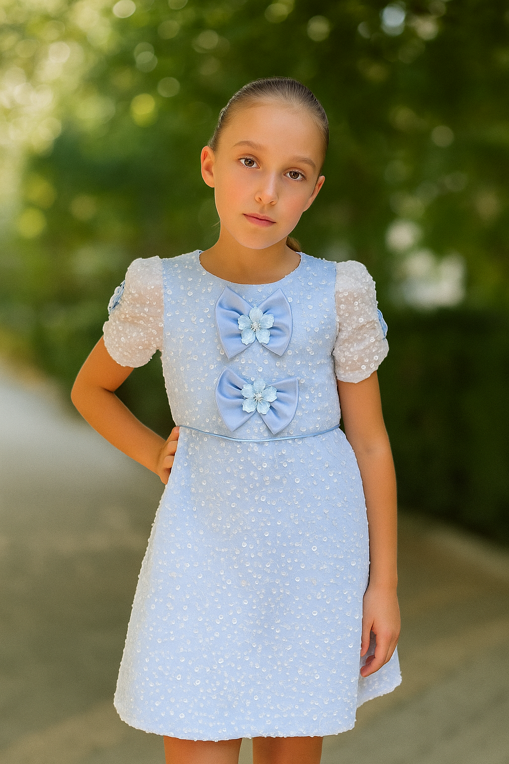 Rochie bleu elegantă din dantelă brodată cu perle și paiete - Lara