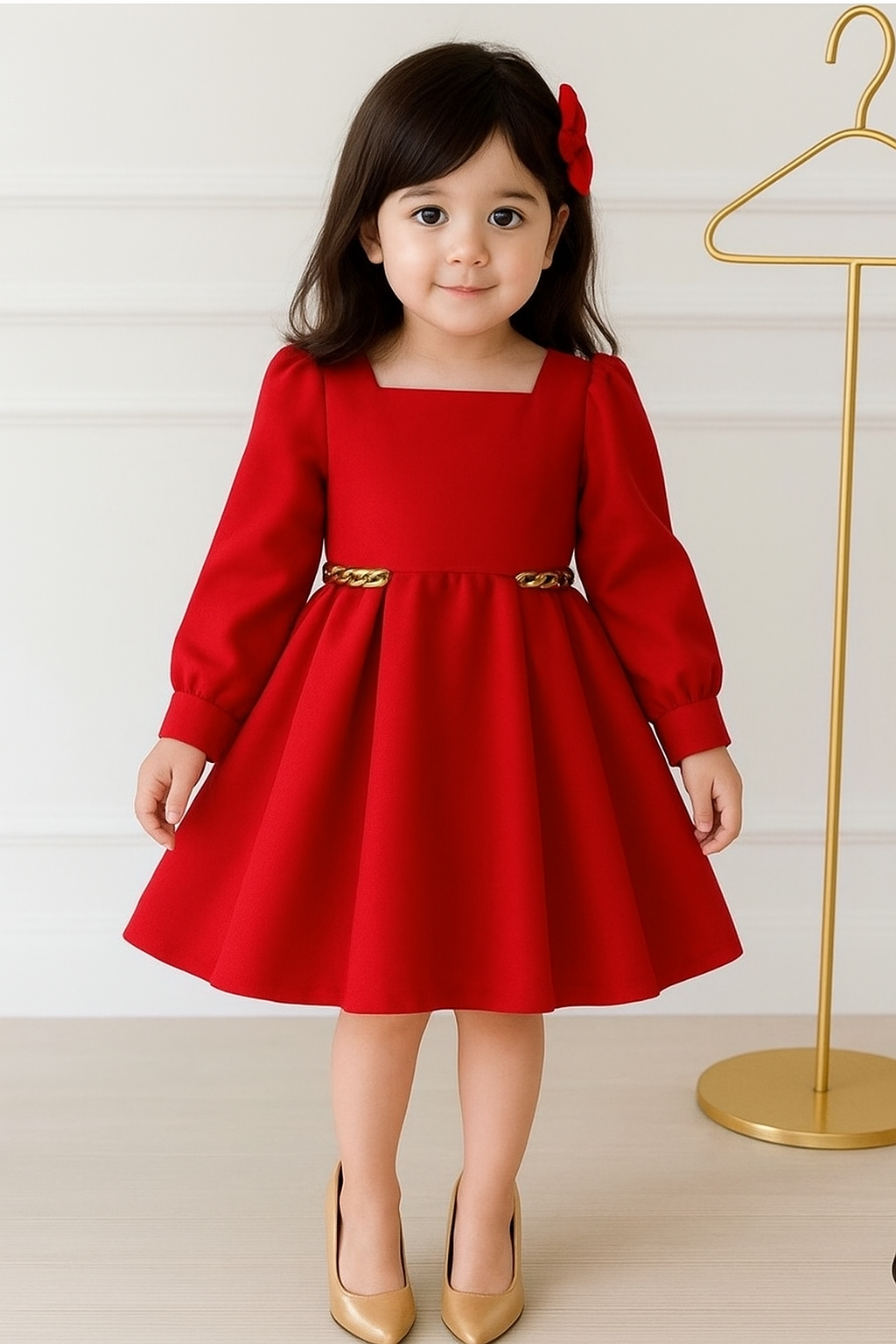 Rochie casual din stofa rosie si lantic auriu pentru fete - Timeea