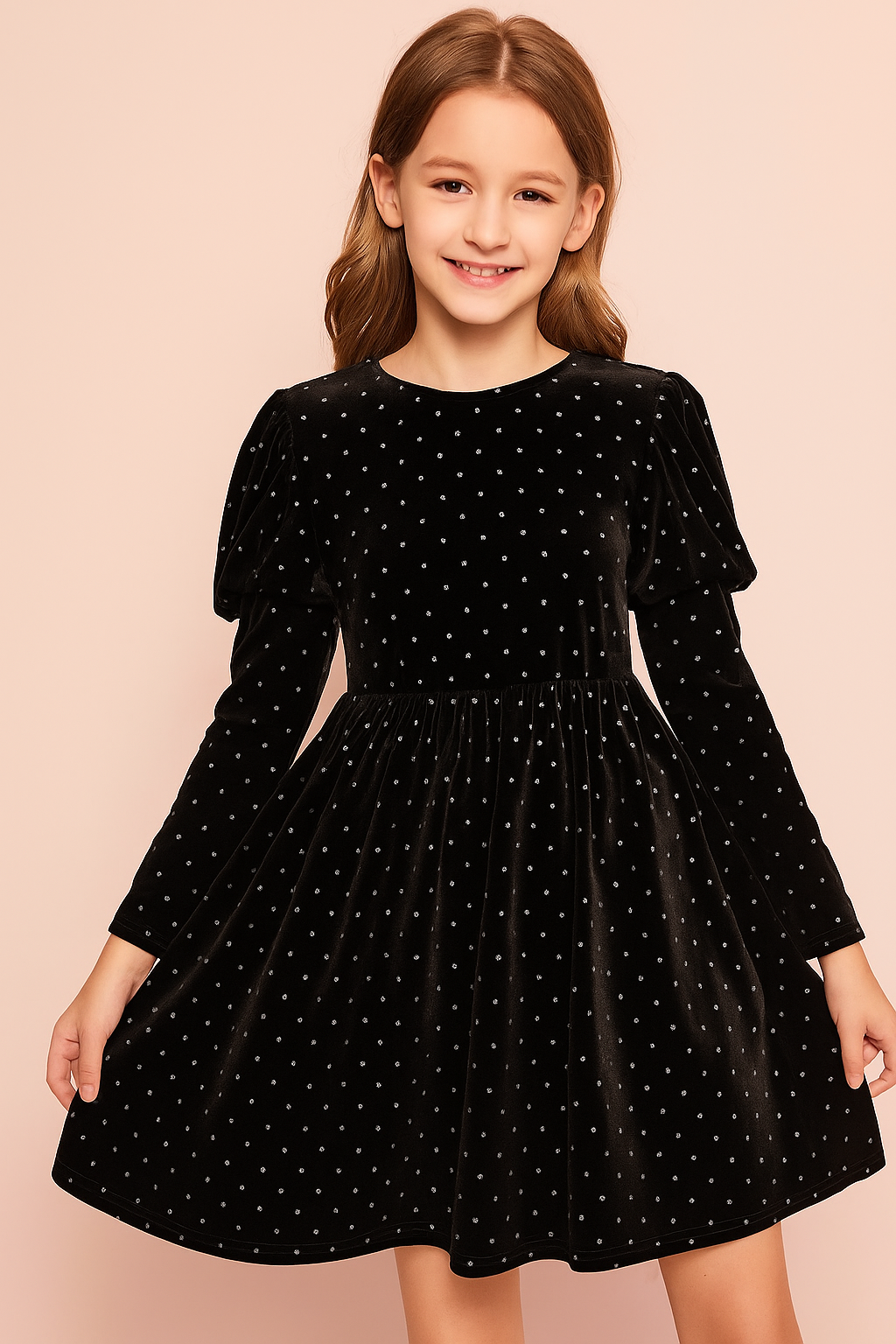 Rochie neagra din catifea cu glitter argintiu pentru fete - Emma