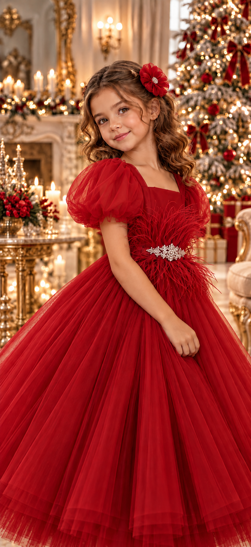 Rochie roșie elegantă din tulle cu fulgi în talie, broșă cu cristale și mâneci bufante pentru fete - Aisha