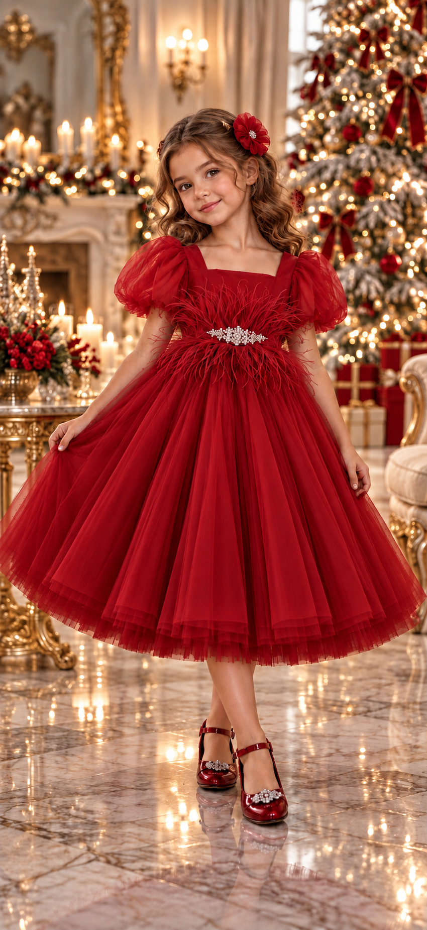 Rochie roșie elegantă din tulle cu fulgi în talie, broșă cu cristale și mâneci bufante pentru fete - Aisha