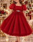 Rochie roșie elegantă din tulle cu fulgi în talie, broșă cu cristale și mâneci bufante pentru fete - Aisha