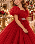 Rochie roșie elegantă din tulle cu fulgi în talie, broșă cu cristale și mâneci bufante pentru fete - Aisha