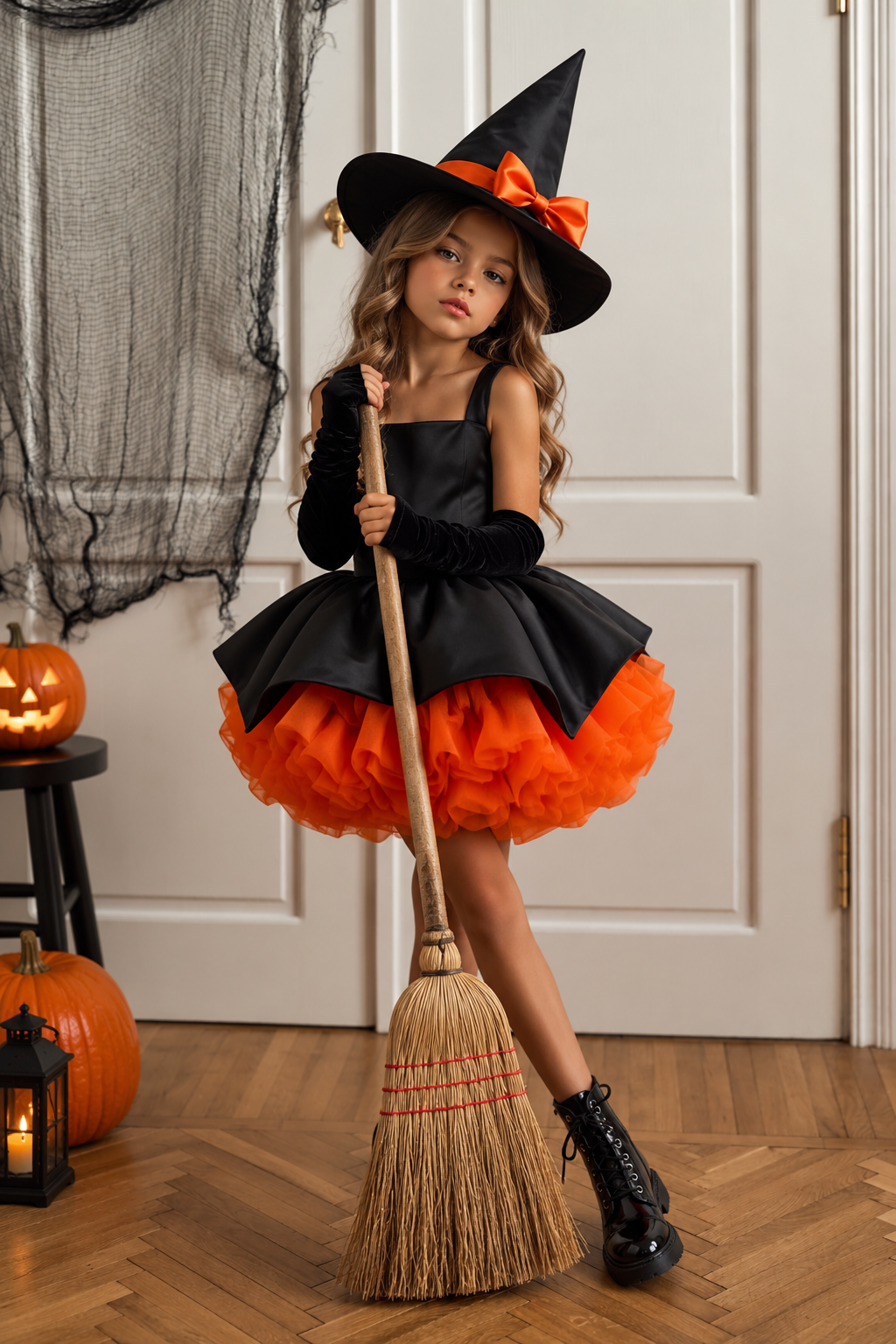 Rochie Halloween neagra cu volane din tul portocaliu pentru fete + palarie - Alice