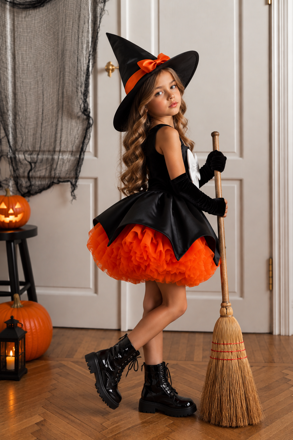 Rochie Halloween neagra cu volane din tul portocaliu pentru fete + palarie - Alice