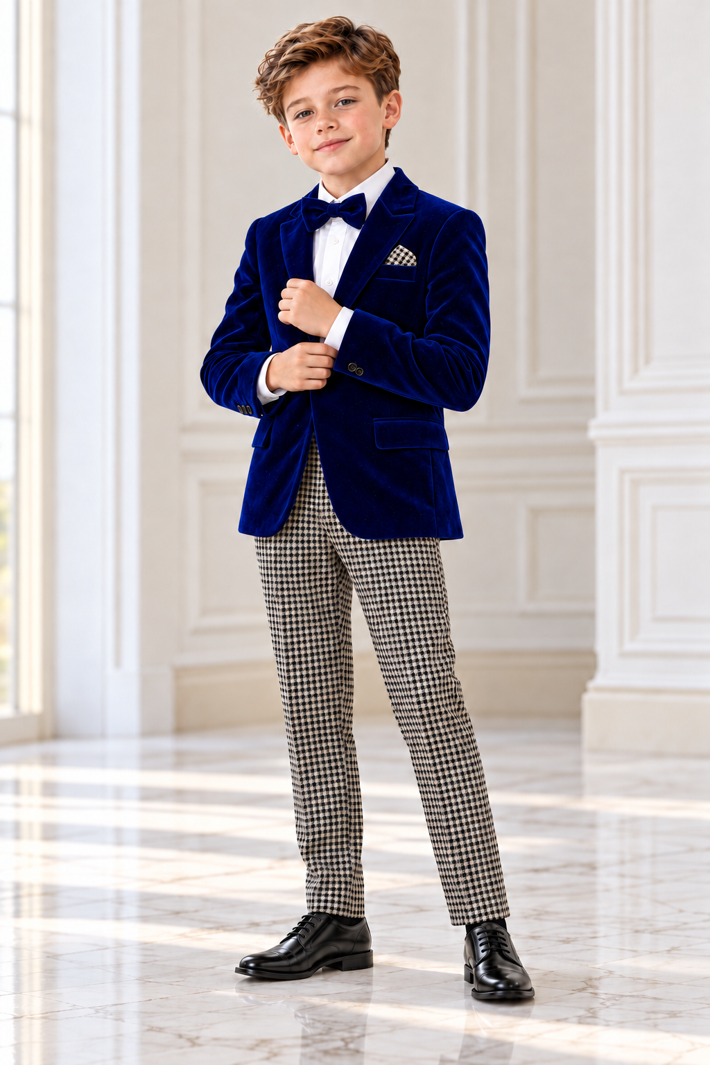 Costum elegant 4 piese cu sacou din catifea albastră, pantalon în carouri, cămașă și papion pentru băieți - Arthur