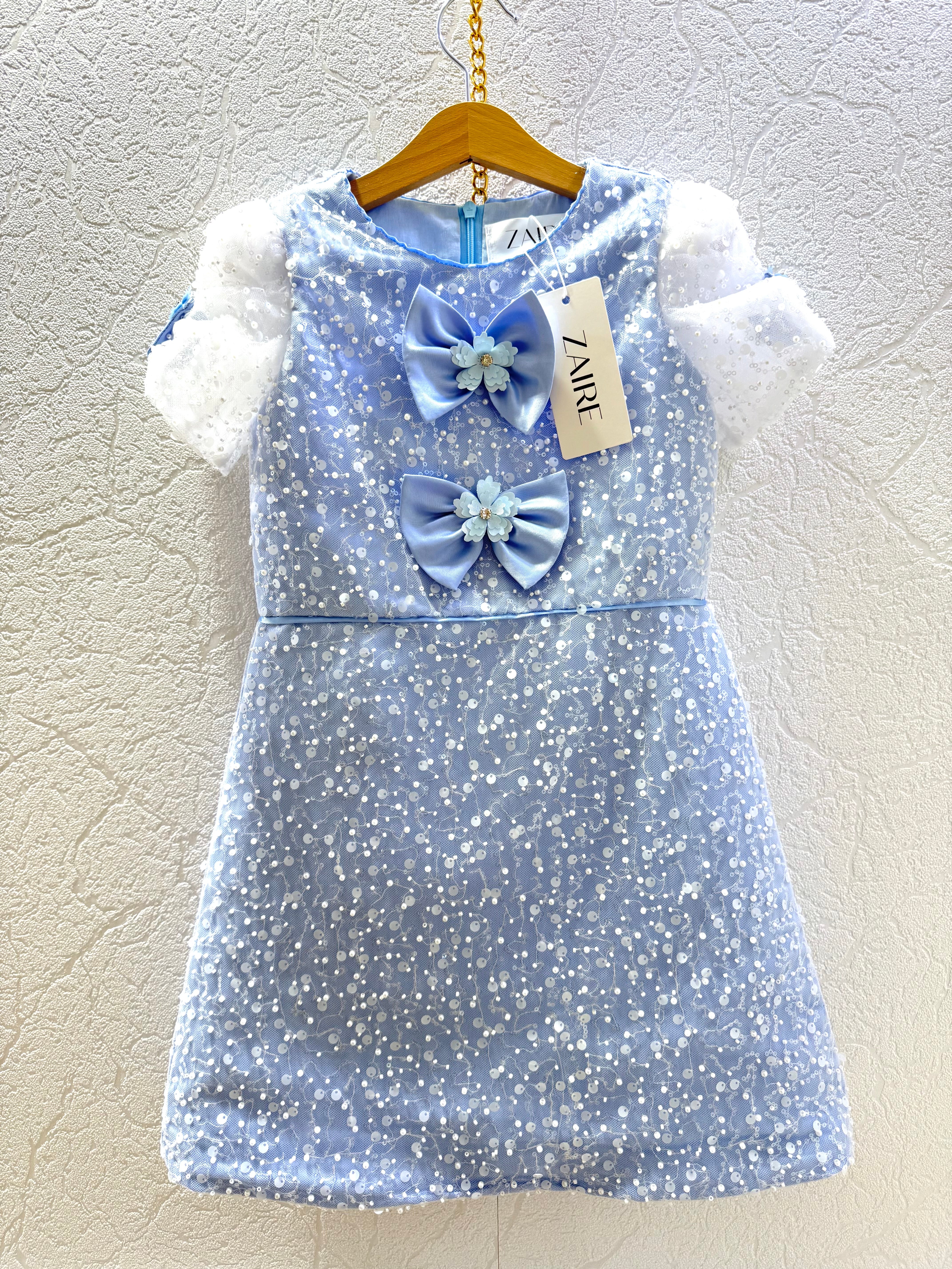 Rochie bleu elegantă din dantelă brodată cu perle și paiete - Lara