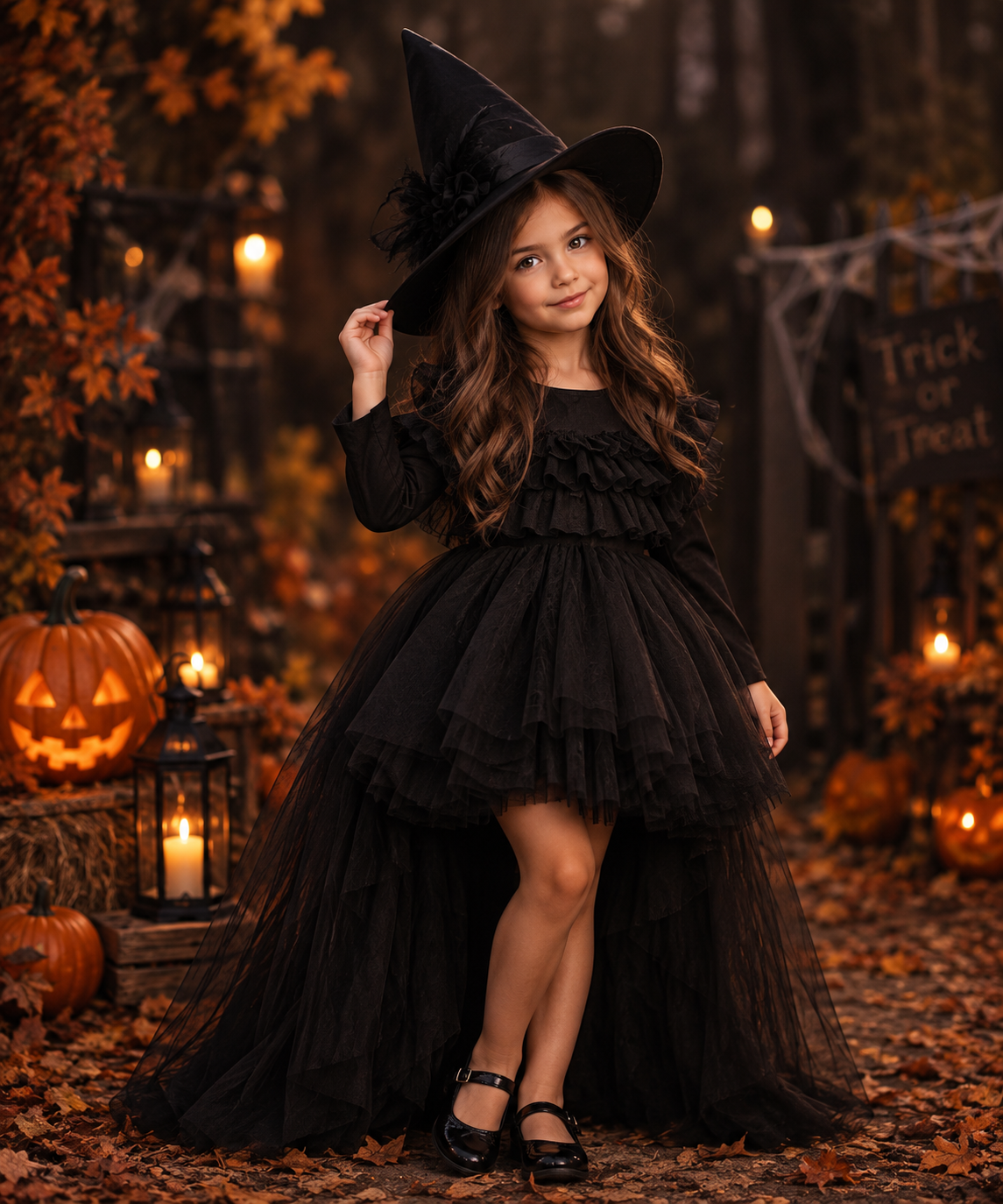 Rochie Halloween de vrăjitoare cu trena din tul negru + pălărie pentru fete – Blackie