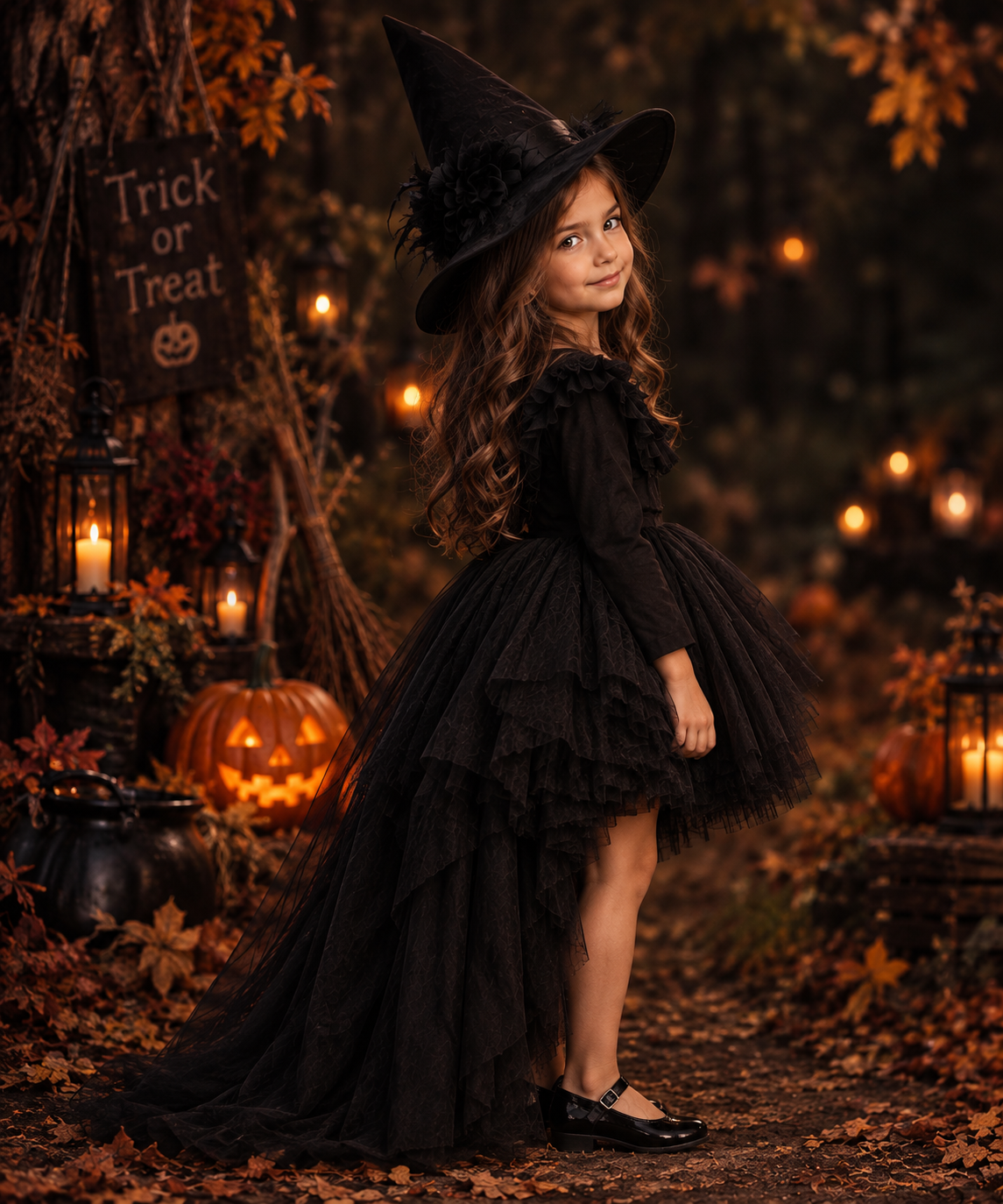 Rochie Halloween de vrăjitoare cu trena din tul negru + pălărie pentru fete – Blackie