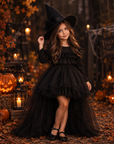 Rochie Halloween de vrăjitoare cu trena din tul negru + pălărie pentru fete – Blackie