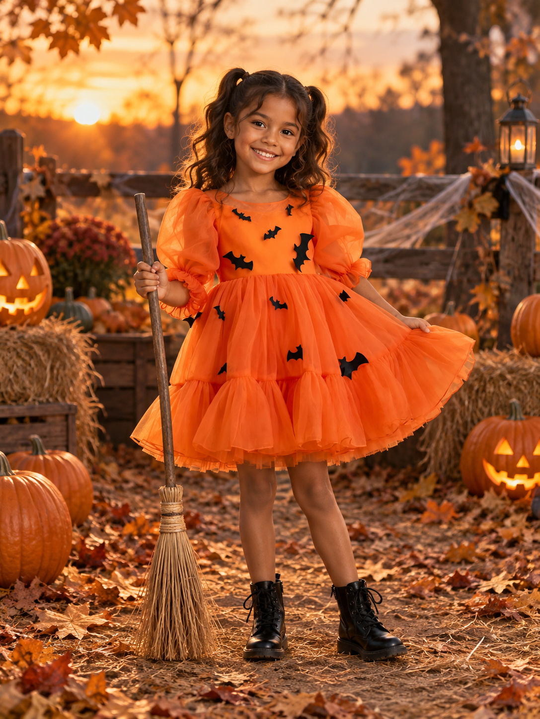 Rochie Halloween portocalie din tul cu lilieci pentru fete – Boo