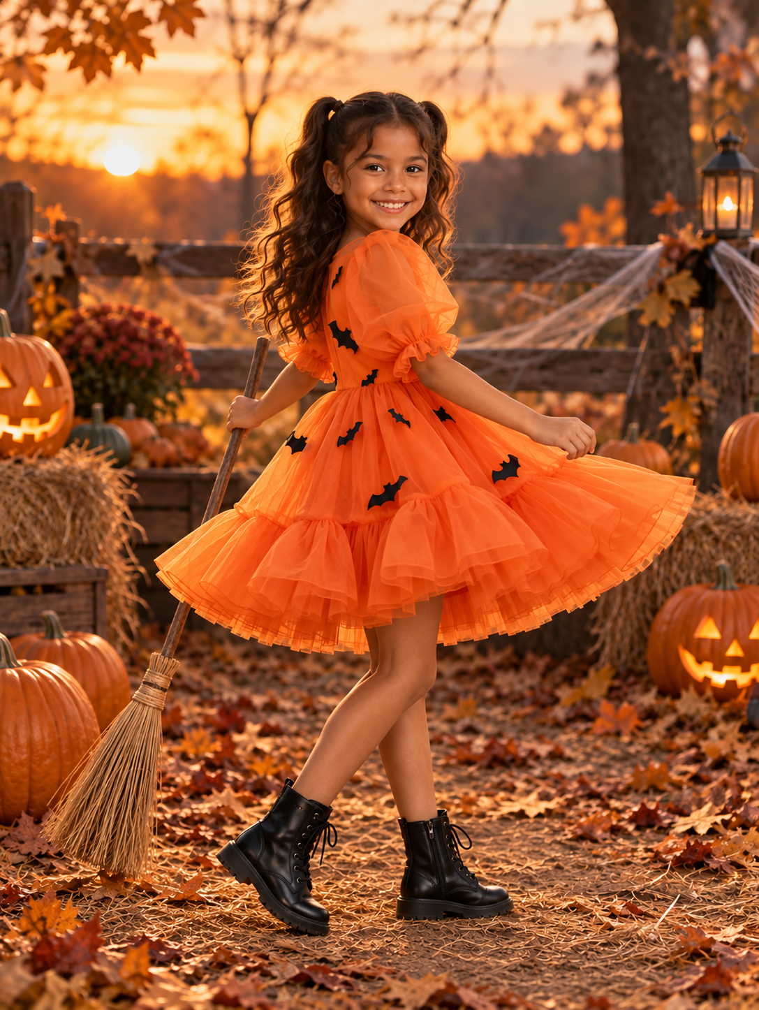 Rochie Halloween portocalie din tul cu lilieci pentru fete – Boo