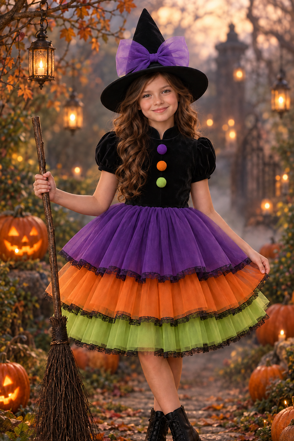 Rochie Halloween din catifea neagra si tul pentru fete + palarie - Calypso