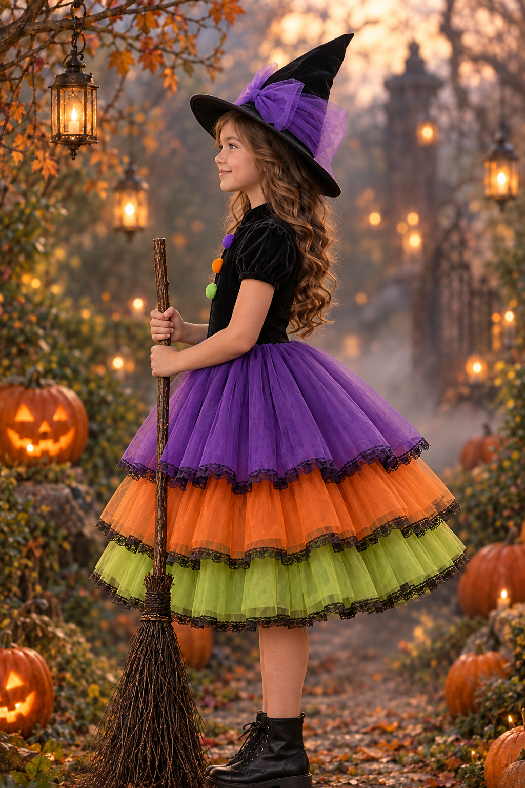 Rochie Halloween din catifea neagra si tul pentru fete + palarie - Calypso